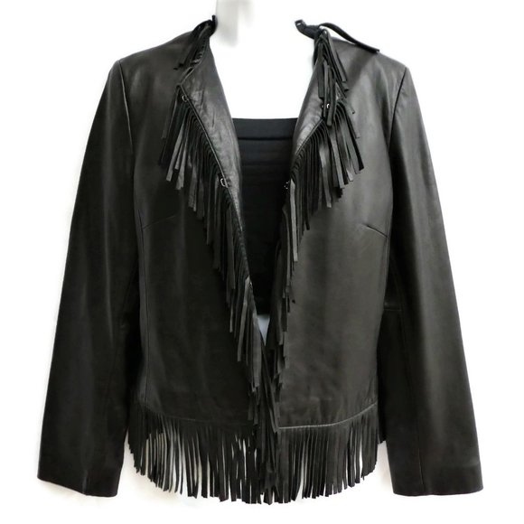 LeaTHeR Siena Studio Vintage Western Jacket Black Fringe Lined Hook Eye Closure